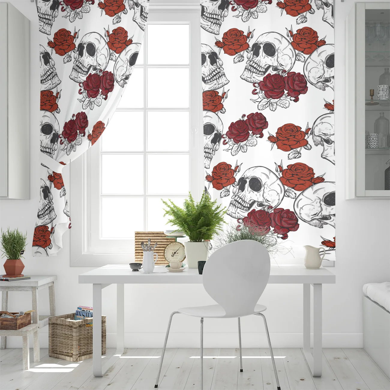 Занавеска на окна разных размеров с рисунком черепа розово-красного цвета