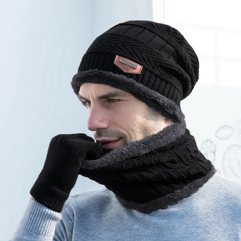 Unisex Beanies Hat Ring Scarf Gloves Set Winter Knitted Thick Warm Cap Women Men Solid Retro Beanie Soft Touch Screen |