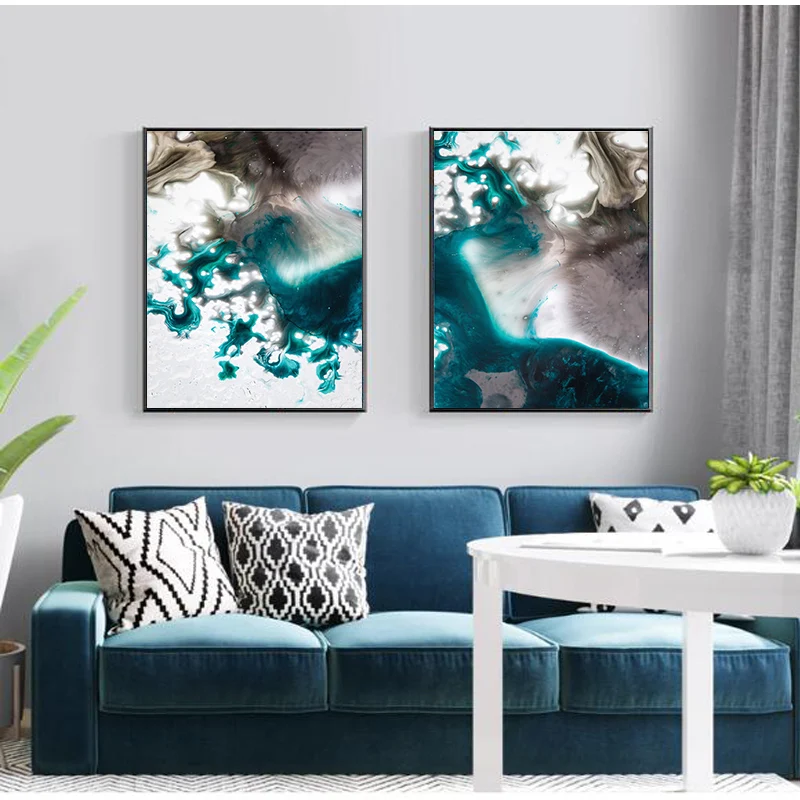 Mordern Abstract color spalsh blue golden Ink and white canvas painting poster print wall art pictures for living room bedroom | Дом и сад