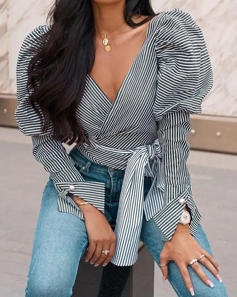 Осенняя Сексуальная Блузка с галстуком-бабочкой для женщин 2020 полосатые топы