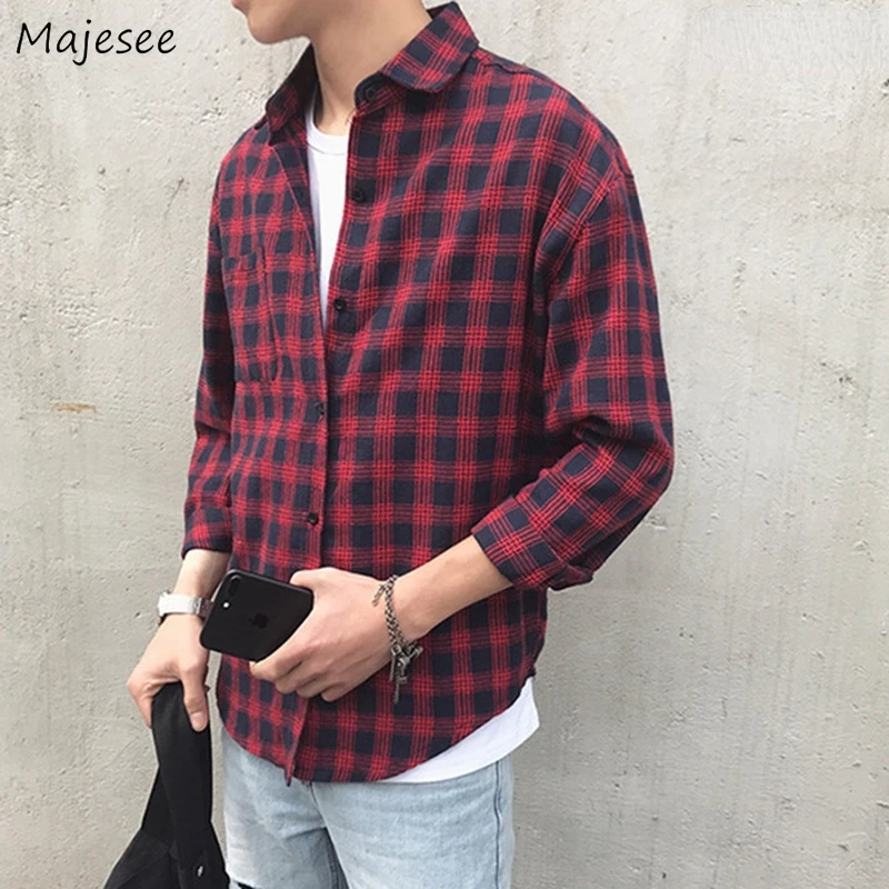 

Vintage Plaid Shirts Men Couples Oversized M-3XL Casual Spring Loose Single Breasted Chic Preppy Students Male Outerwear Teens