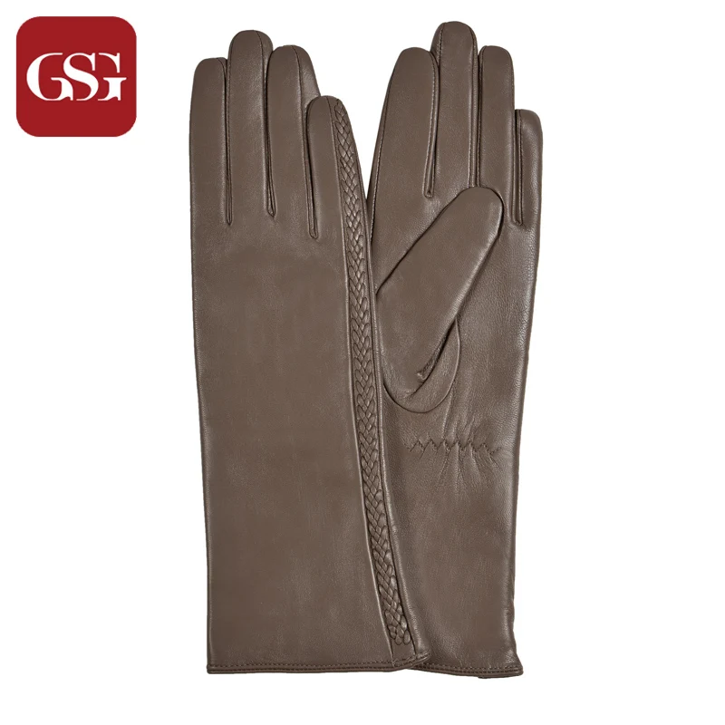 Taupe GSG женские перчатки средней длины из натуральной кожи с трикотажной подкладкой, Женские ветрозащитные теплые зимние перчатки из овчины, цветные модные варежки - Цвет: Taupe