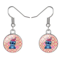 disney creative design stitch cute baby pendant earrings cabochon glass art printed round jewelry jewelry girls earrings