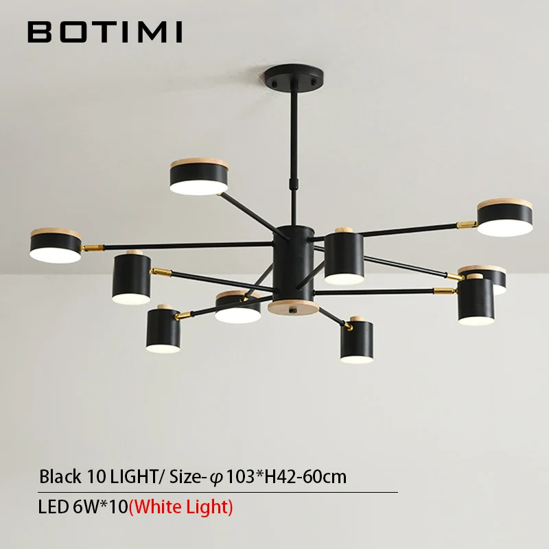 10 Light in Black BOTIMI 220 В светодиодный Люстра с металлическими абажурами для гостиной, деревянная Подвесная лампа для спальни, белый блеск 220 В, декоративные люстры - Цвет абажура: 10 Light in Black