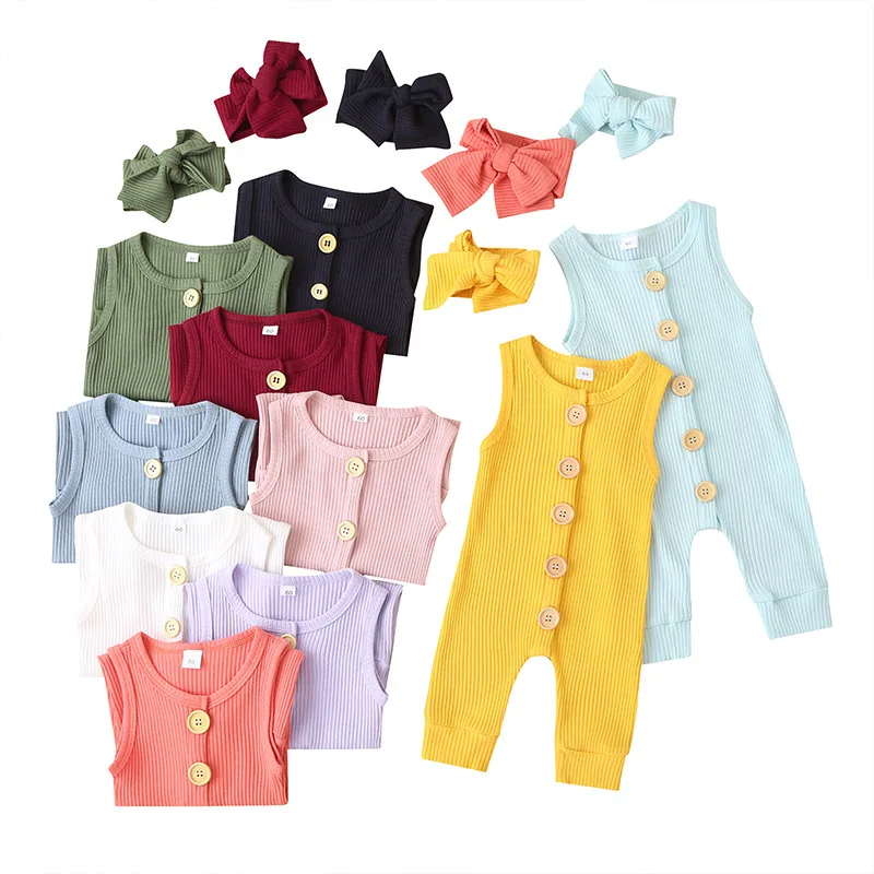 

3-18Months Newborn Baby Girls One Piece Jumpsuit Infant Girl Knitted Romper with Headbands Sleeveless Bodysuit Outfits