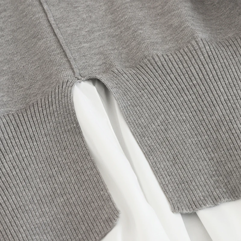 

2020 Spring Fashion Fake Two-piece Loose Sweater Woman Leisure Knitted Stitched Long Sleeve Shirt Blouses Students Pullovers