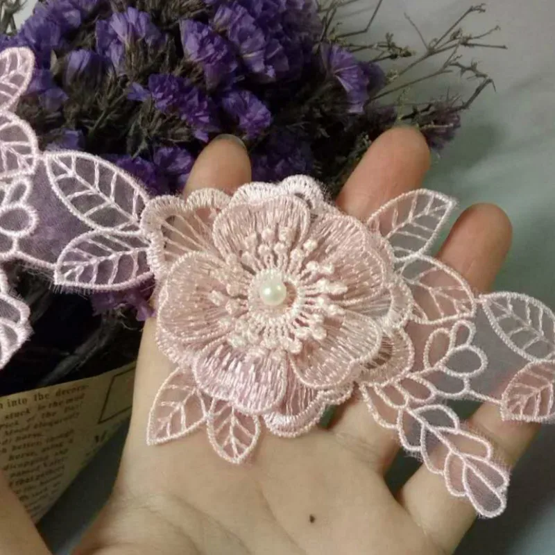 10 шт. розовый цветок жемчужный бисер цветочный хлопок листья кружевная лента