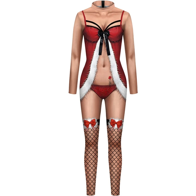 

Women Christmas Sexy 3D Print Long Sleeve Bodysuit Fake Red Lingerie Nightclub Jumpsuit Turtleneck Cosplay Tight Rompers
