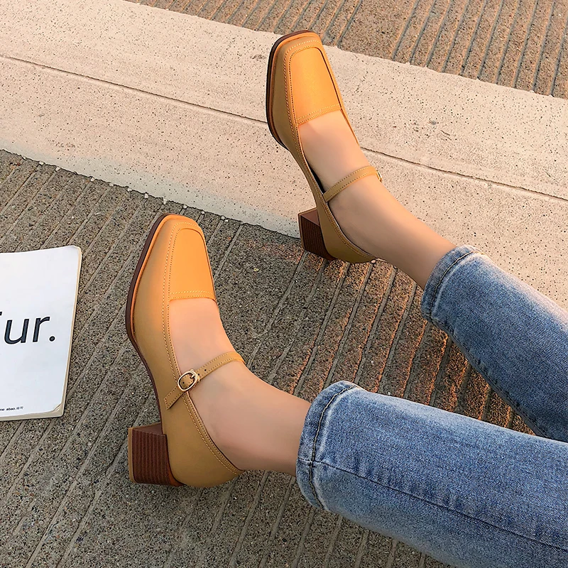Женские туфли-лодочки с квадратным носком на каблуке 5 см пряжкой | Обувь