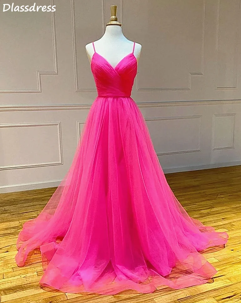 

Simple Fuchsia Evening Dress A-line Spaghetti Straps Lace-up Backless V-neck Pleat Sweep Train Prom Dress платья знаменитостей