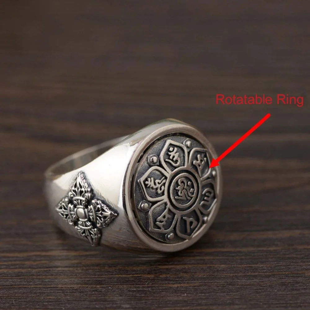 

Real 925 Sterling Silver Vintage Ring For Women And Men Buddha Six Words' Mantra Rotatable Ring Fashion Punk Rock Jewelry