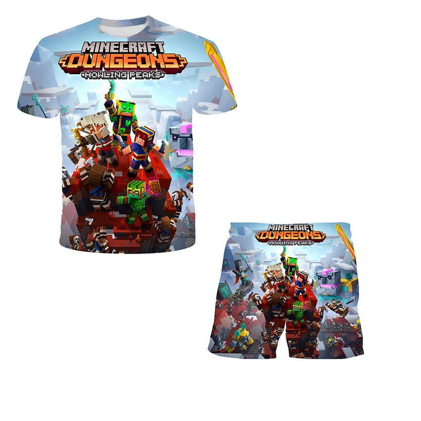 

Лето 2021, популярная детская футболка с принтом Mine-World + шорты, комплект из 2 предметов, милая уличная одежда с мультипликационным принтом зомб...