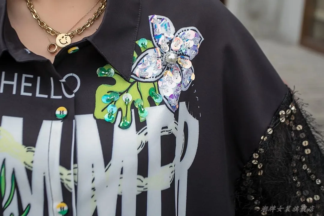 

Vefadisa Black Tassel Sequins Women Blouse 2021 Spring Autumn Letter Print Female Blouse Patchwork Long Sleeve Blouse QYF5239