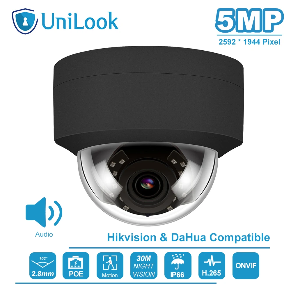 UniLook(Совместимость с Hikvision) 5MP купольная POE ip-камера Встроенный микрофон/наружная безопасность с аудио H.265 IR 30m сетевая камера ONVIF