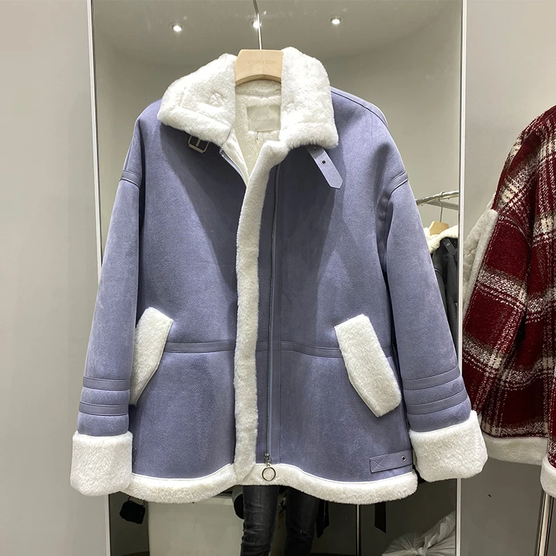 

HWLZLTZHT 2021 Jacket Women Winter Warm Wool Women Coat Loose Fur Faux Leather Jacket Turn Down Collar Ladies Oversized Coat