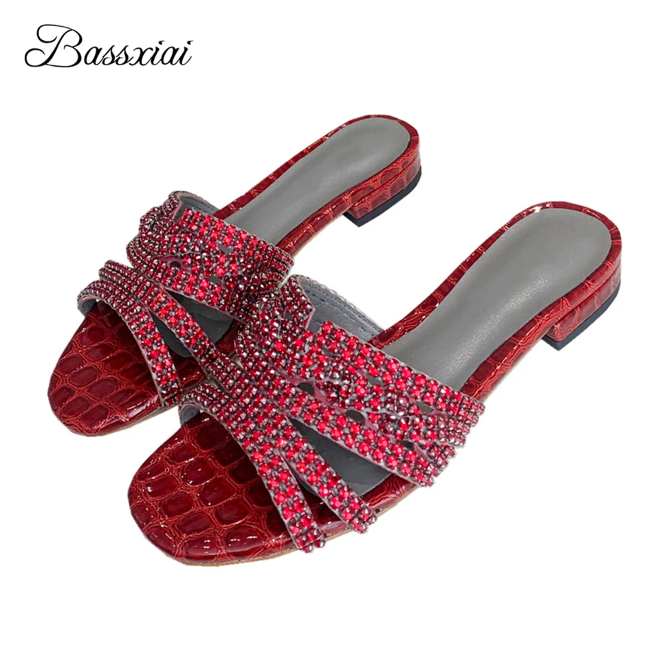 

Diamond Rhinestone Open Toe Outwear Mules Lady Genuine Leather Jeweled Crystal Flat Heel Summer Slippers Women