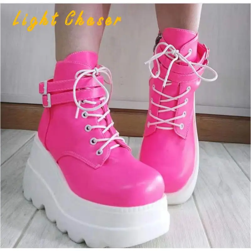 Rimocy White Black Pu Leather Ankle Boots Women Autumn Winter Round Toe Lace Up Shoes Woman Fashion Motorcycle Platform Botas