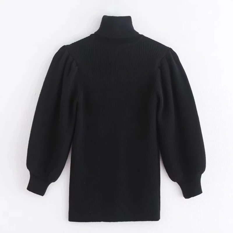 New 2020 women fashion turtleneck knitted sweater puff sleeve stretchy slim fit pullovers female stylish solid color tops S236 | Женская