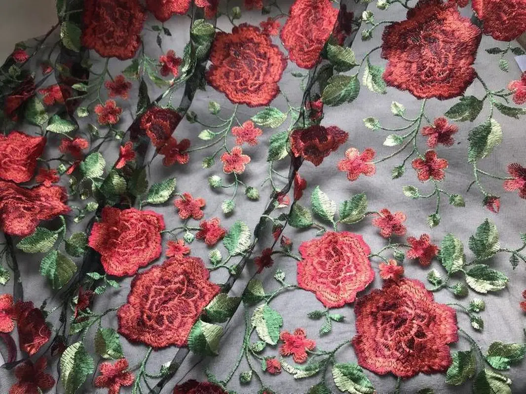 1 ярд винтажная кружевная ткань с вышивкой в виде цветов пиона и зеленых листьев