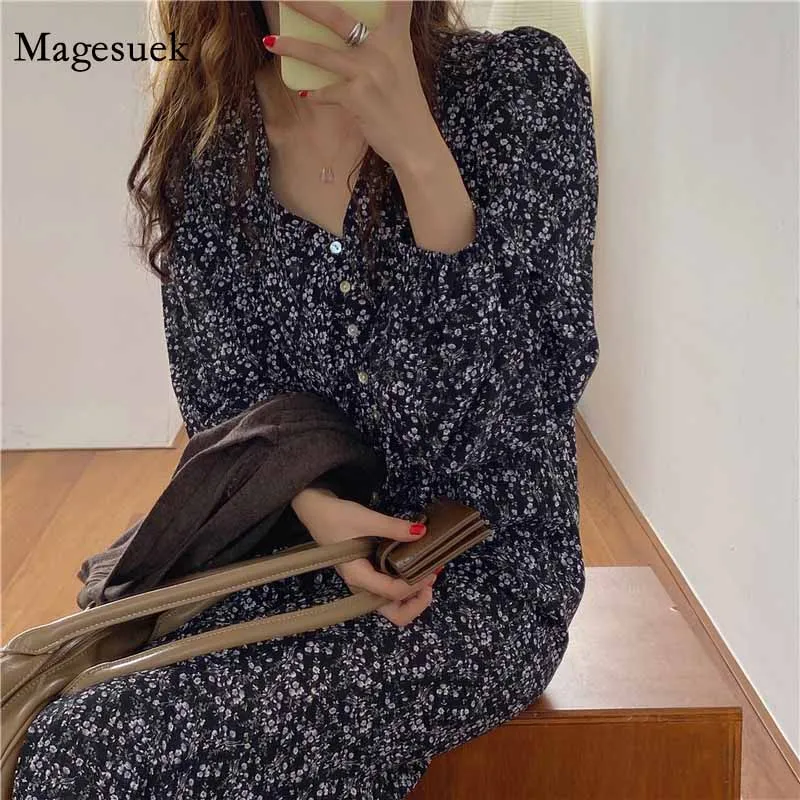 

Vintage Single-breasted Floral V-neck Mid-length Dress Long-sleeved Korean Style Print Dress for Women Split Long Dresses 11664