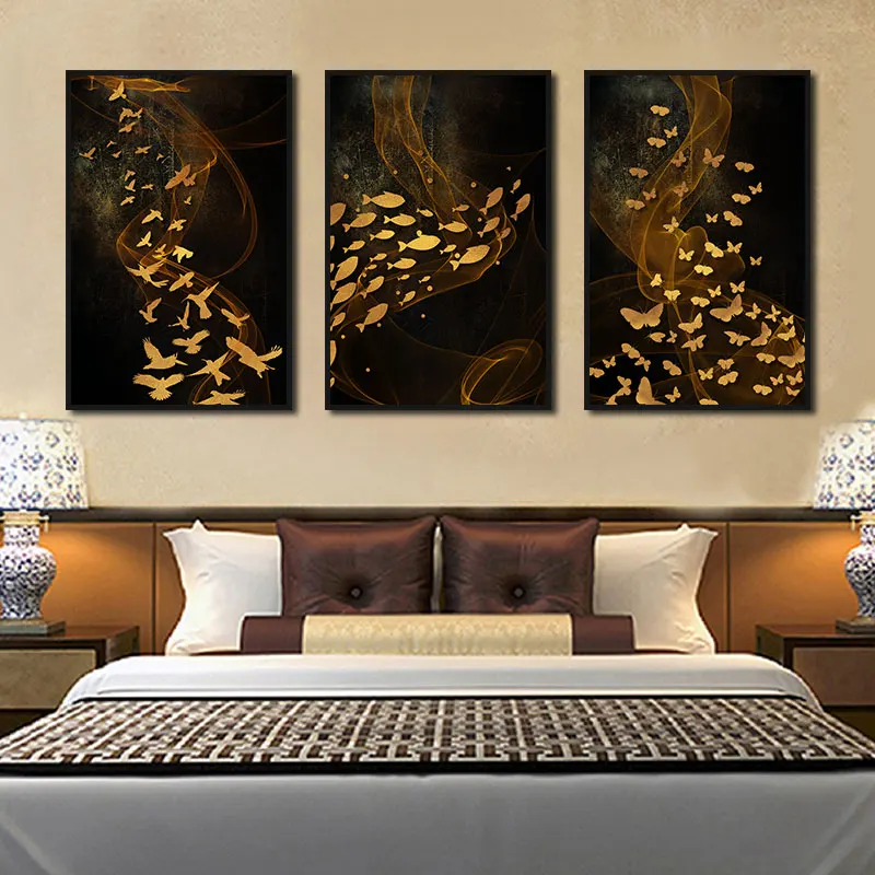 

Modern Abstract Golden School of Fishes Paintings Nordic Canvas Posters and Prints for Living Room Bedroom Corridor Decoration