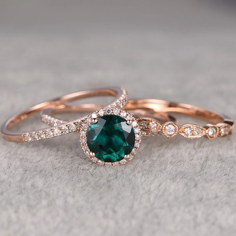 

2021 3 pcs/set Rose Gold Rings Set For Women Luxury Female Silver Plated Jewelry Green Zircon Engagement Party Birthstone Gifts
