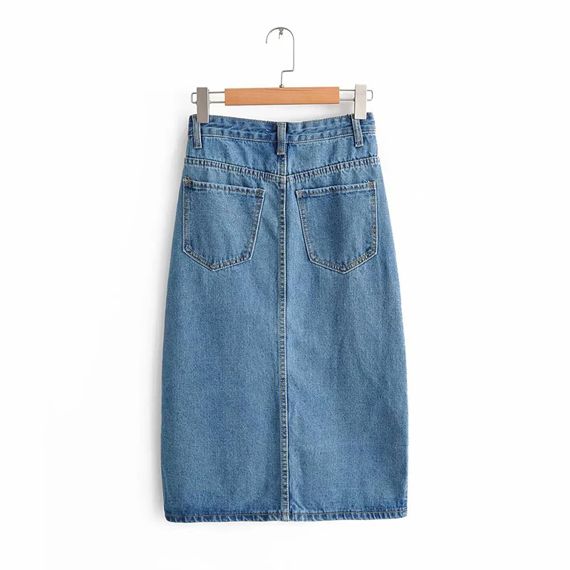 

Женская джинсовая юбка с карманами, голубая винтажная юбка миди до середины икры с разрезом и высокой талией, 2021