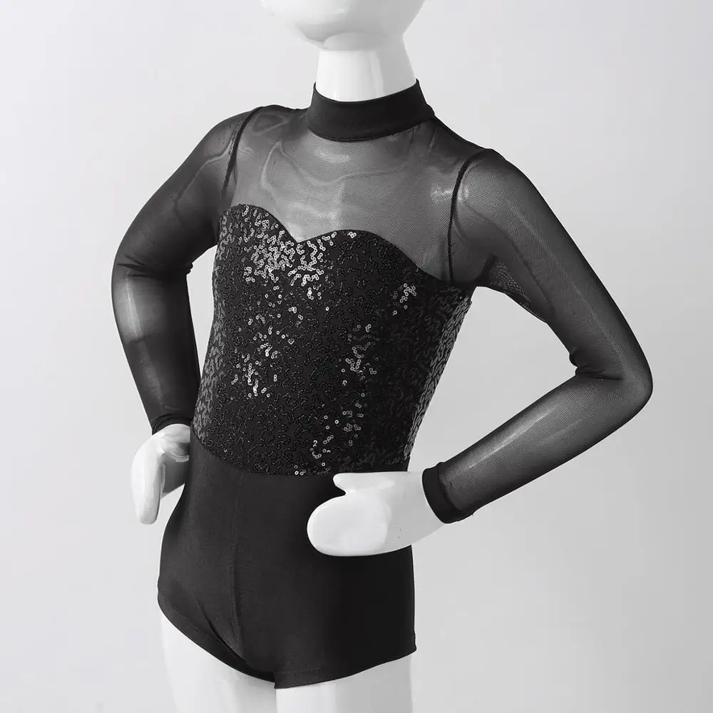 Kids Dance Wear Teens Girls Long Sleeves Mock Neck Sparkly Sequins Tulle Splice Ballet Gymnastic Leotard Biketard Unitard | Тематическая