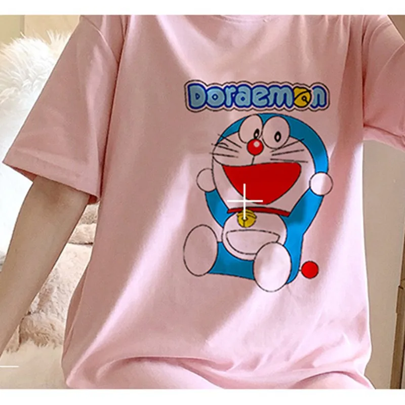 

Seeslim Cartoon Doraemon Cotton Long Nightgown Blue Short Sleeve Night Dress Women Sleepwear Pijama Cute Loose Ladies Night Wear
