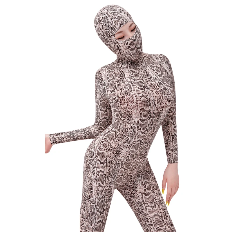 Змеиный принт Кобра с длинным рукавом Bodycon комбинезон на молнии боди открытой