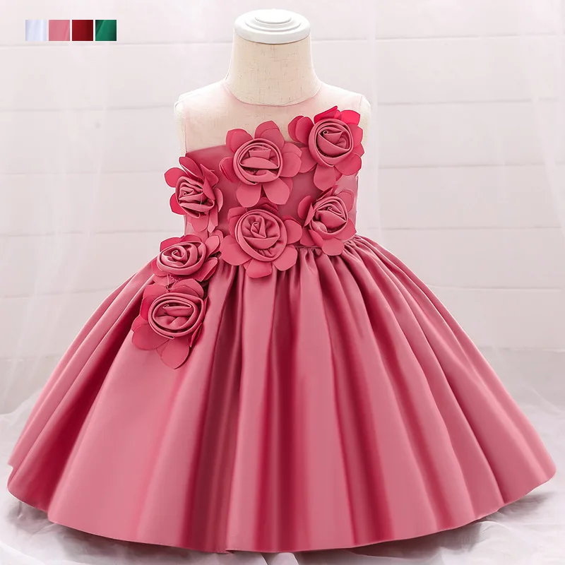 

Children's Dress Korean Sweet Children's Host Evening Dress Satin Applique Catwalk Dress Baby Dress 0.5-1.5Y