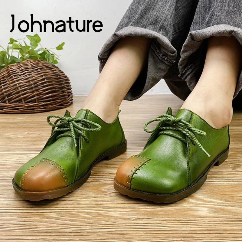 

Johnature Autumn 2022 New Flats Women Shoes Genuine Leather Mixed Colors Casual Lace-up Round Toe Shallow Handmade Ladies Shoes