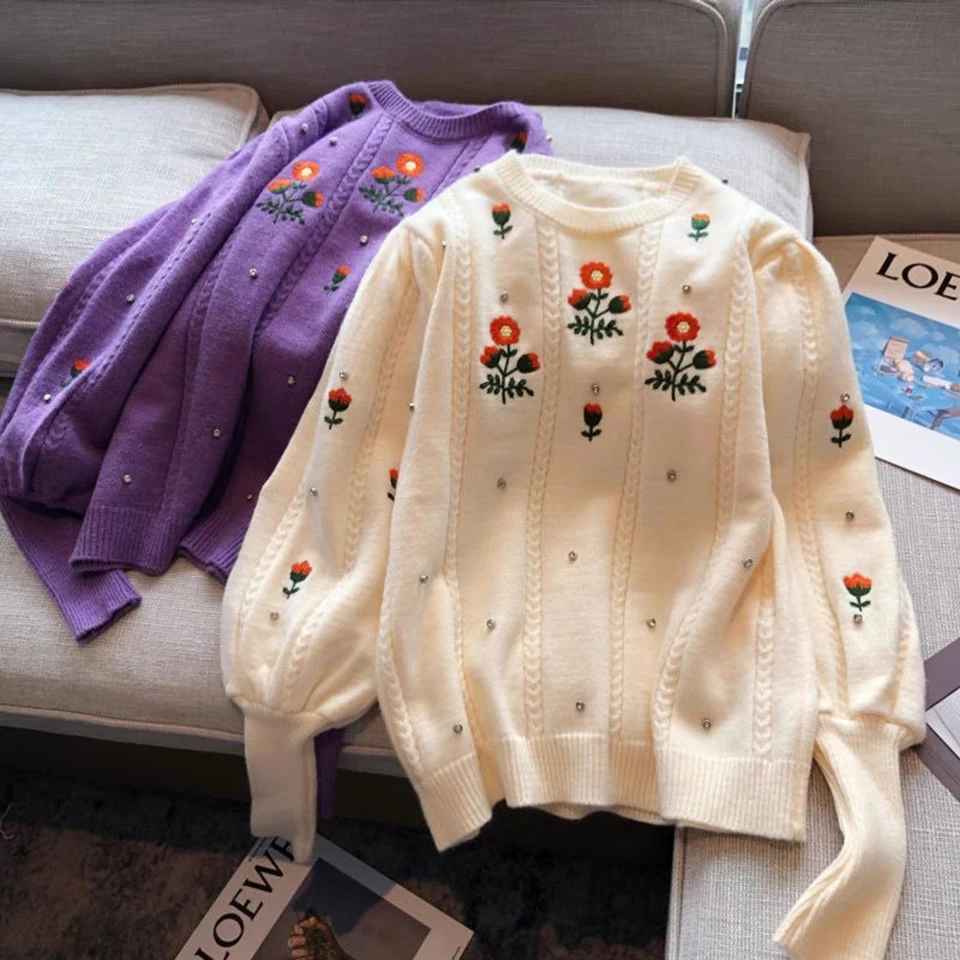 

EBAIHUI Woman Sweaters Jacquard O-neck Pullover Knit Floral Elegant Jumper Lantern Long Sleeve Top Loose Korean Fashion Knitwear
