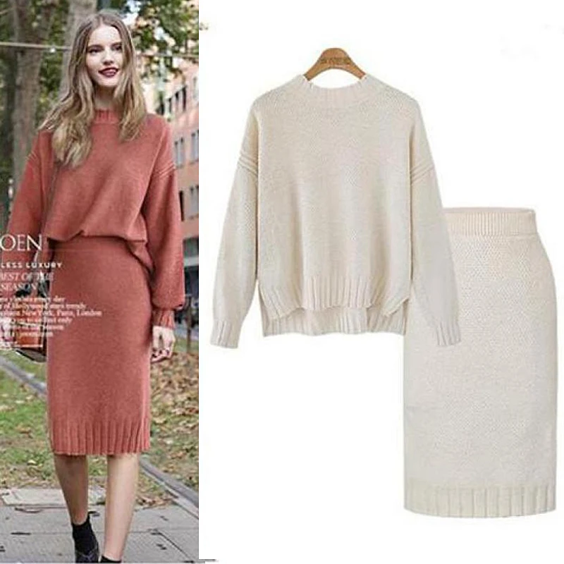 Женский трикотажный комплект из 2 предметов свитер с длинным рукавом и длинная