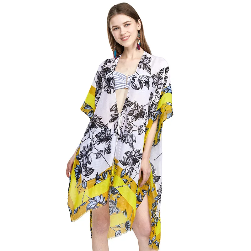 

Women Beach Cover-up Boho Floral Printed Summer Vacation Short Sleeve Loose Chiffon Cardigan Sunscreen Clothing Ladies Cover-ups