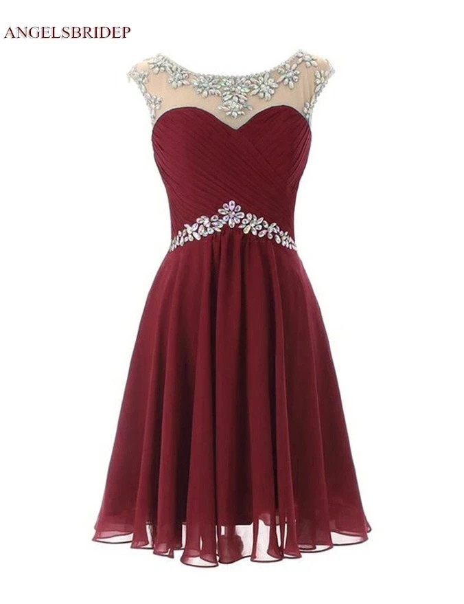 ANGELSBRIDEP Sheer Neck Short Homecoming Dresses Sparkly Crystal Waist Chiffon Junior Graduation Formal Gowns Hot Robe De Bal | Свадьбы и