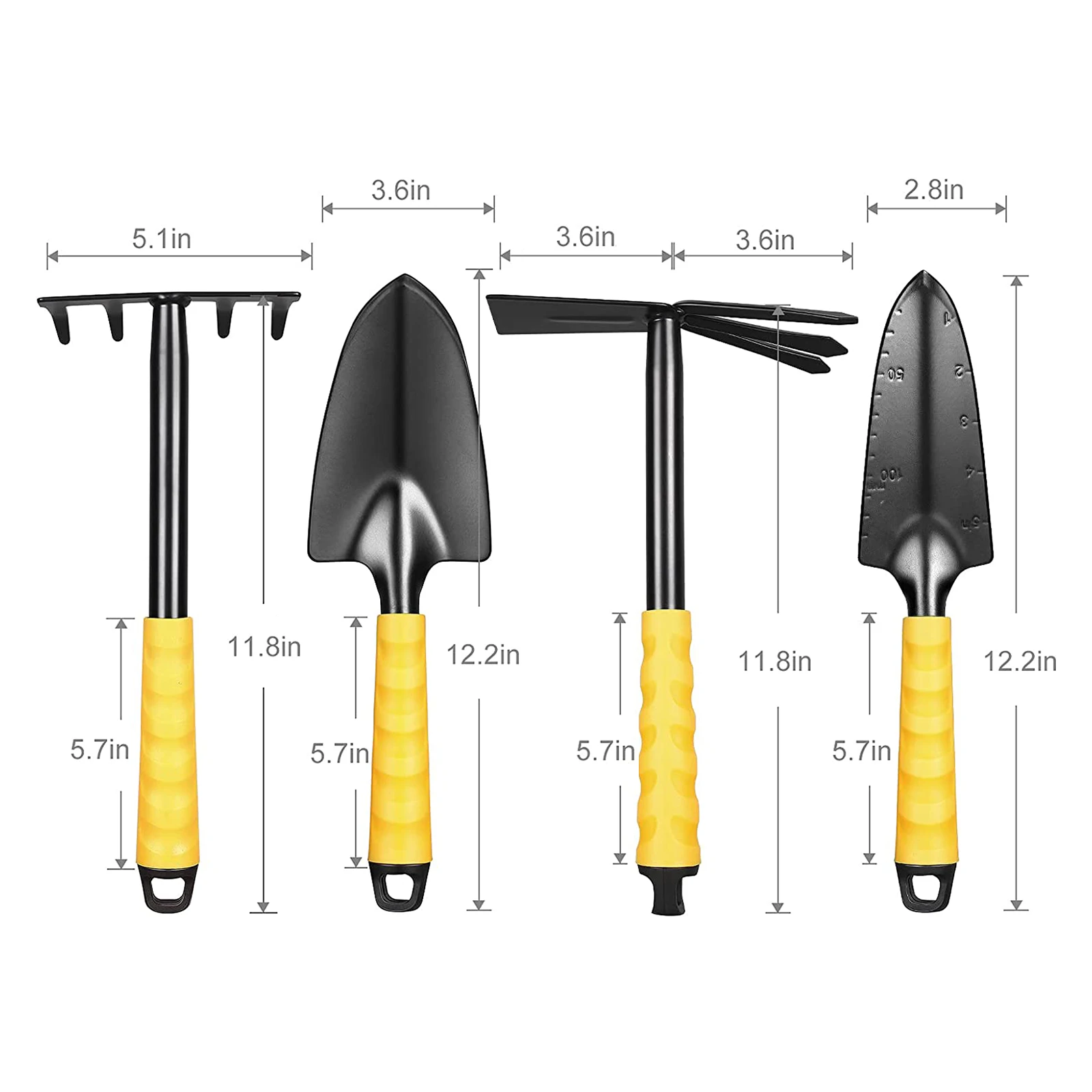 

4PCS Garden Tools Set Iron Alloy Garden Hand Tools Trowel Transplanter Cultivator 2-In-1 Rake Hoe for Gardening Digging Planting