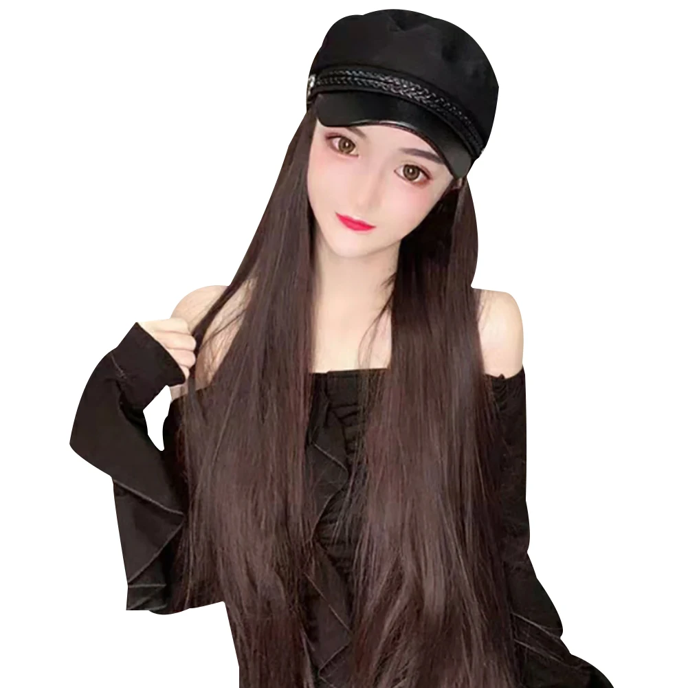Women Long Wave Straight Wig Hairpiece Hair Extension with Peaked Cap Hat Multicolor Naturally Connect Hat Wig Adjustable