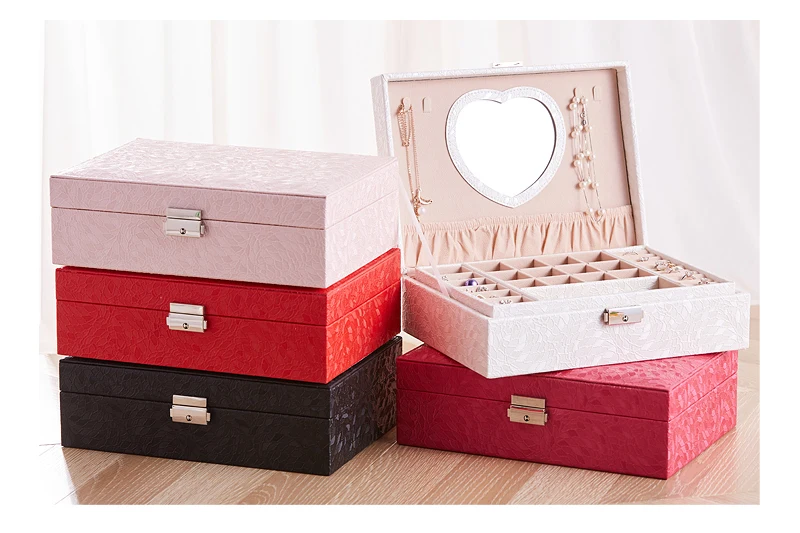 

New Design Pu Leather Jewelry Box Double-layer Wooden Frame Princess Jewelry Storage Box Cosmetic Box Highly Recommend