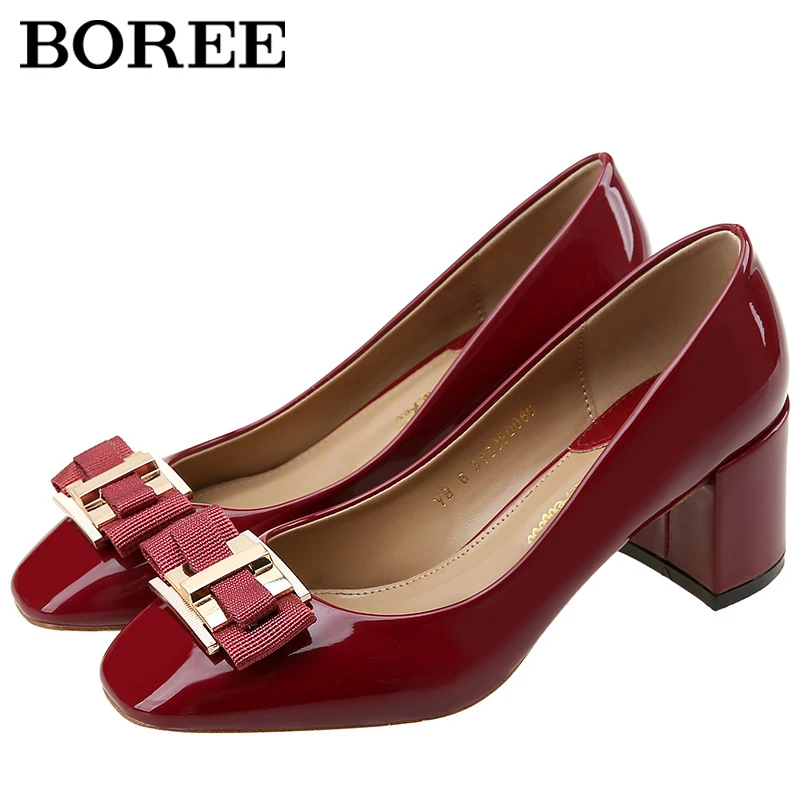 

Women Shoes Square Head PU Leather High Heels Red Wedding Dress Shoes Comfortable Office Ladies Work Shoes Metal Handmade Pumps