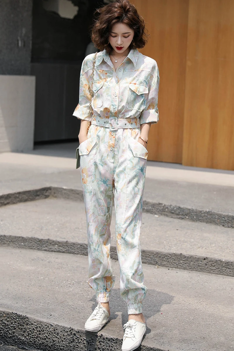 New Autumn  Spring  Women Belt Tunic Print Jumpsuits Female High Waist Harem Trousers Overalls Romper Holiday Long Playsuit