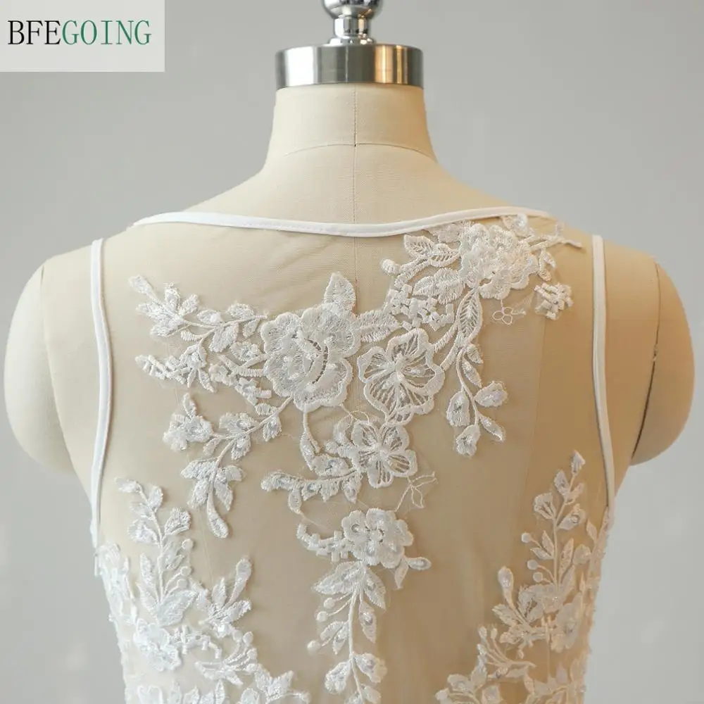 

White Lace Tulle V-Neck Strapless Floor-Length Mermaid/Trumpet Wedding dress Chapel Train Custom made