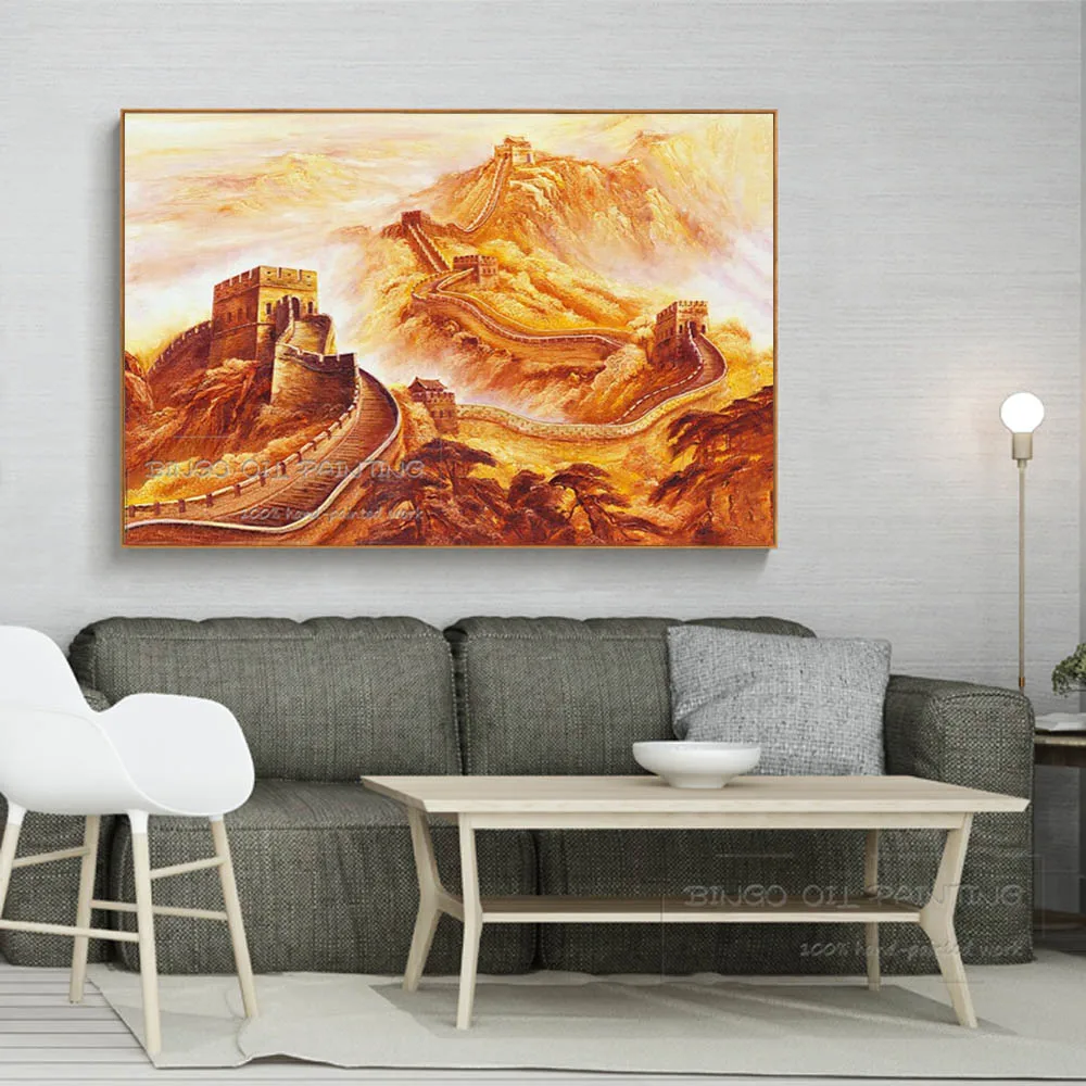 Goede Uitstekende Kunstenaar Handgeschilderde Hoge Miracle Building Grote Muur Olieverfschilderij Chinese Gebouw Landschap Olieverf