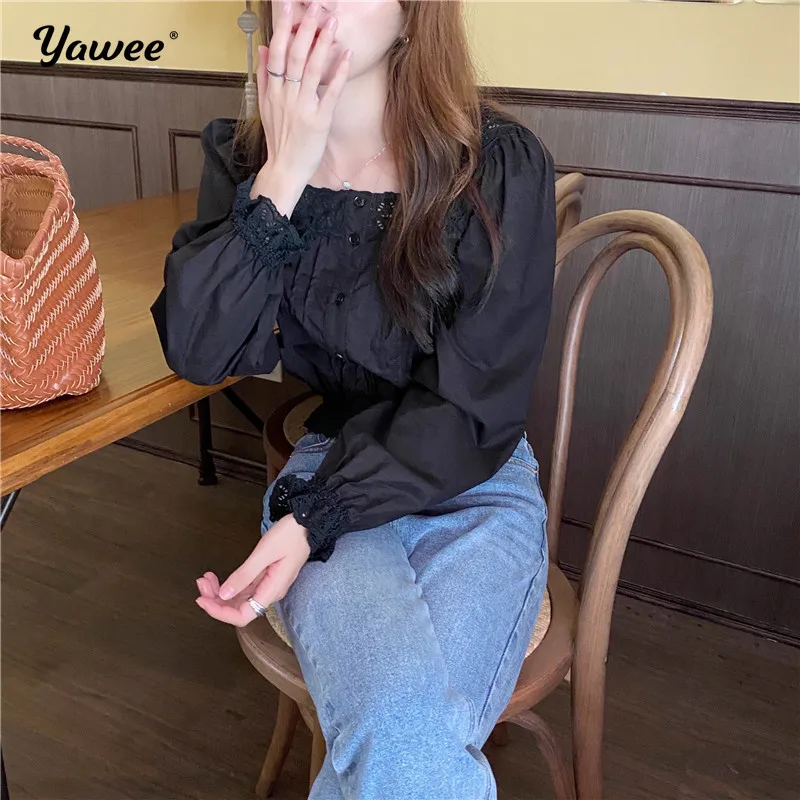 

2021 Spring Plus Size White Shirt Women Long Sleeve O-neck Pullover Vintage Blouses Women Loose Lace Blusas Casual Women's Tops