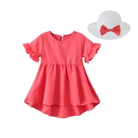 summer kids dress girls flower dress with hat infant toddler girl solid color short sleeve dress princess party garden dresses