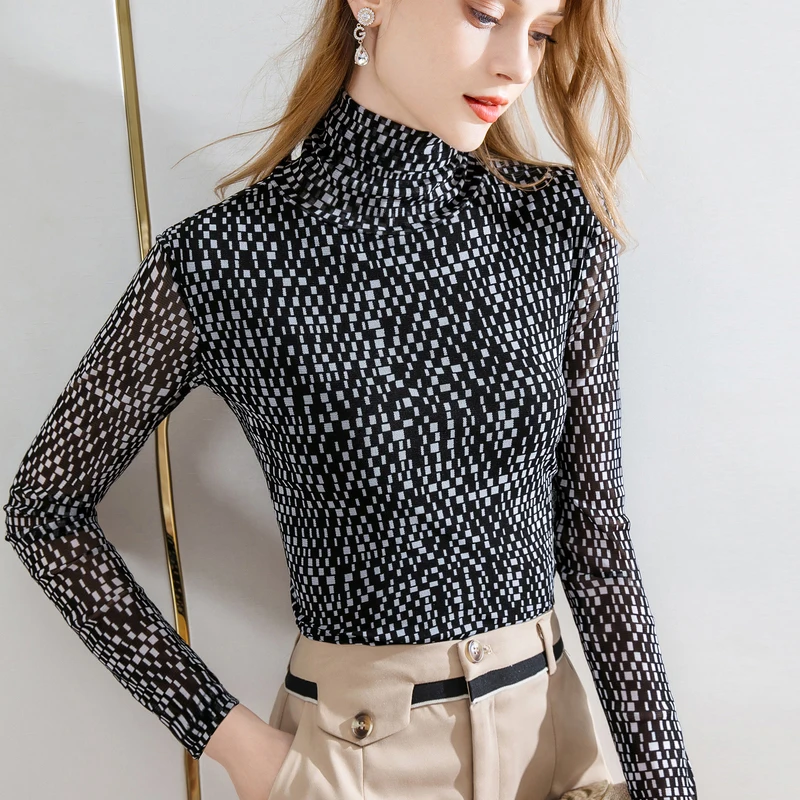 

Turtleneck Bottoming Shirt Women's Autumn/Winter 2020 New Style Inner Long-Sleeved T-Shirt Retro Black And White Grid Gauze Top