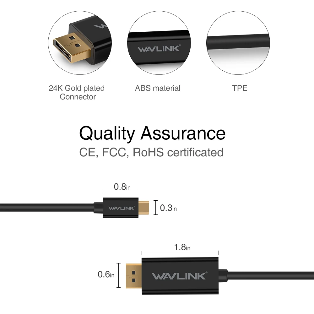 Wavlink USB C к DisplayPort Кабель 3 1 type (Thunderbolt совместимый) DP кабель 4K до 3840 × 2160 @ 60Hz USB-C |