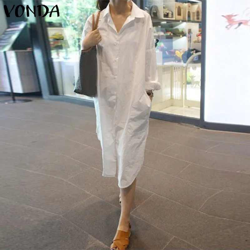 

VONDA 2021 Women Shirt Dress Autumn Long Sleeve Solid Autumn Midi Dresses Female Oversize Elegant Bohemian Vestidos 3 Colors