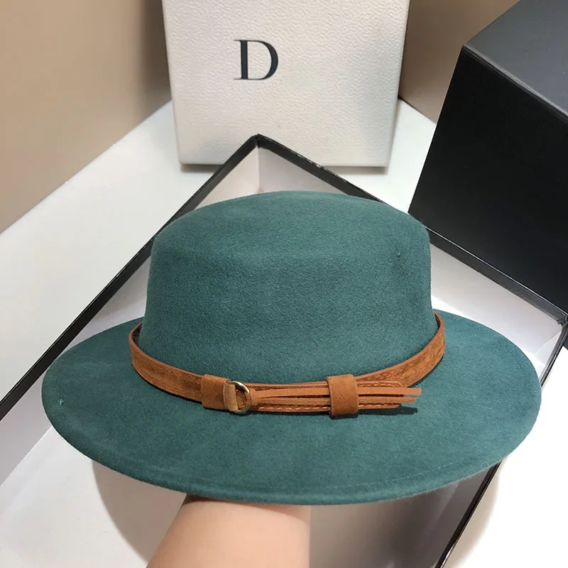 

2021 Winter Fedora Hats For Women Australian Wool Flat Top Hat Fashion British Belt Jazz Hat Hepburn Trend Wide Brim Fedoras