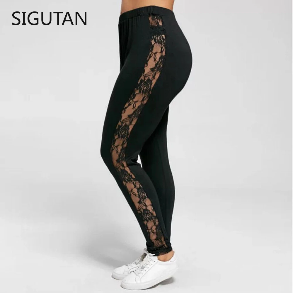 

Plus Size L-3XL Sexy Women Lace Pants Black Insert Sheer Leggings Elastane Leggings gym leggings high rise